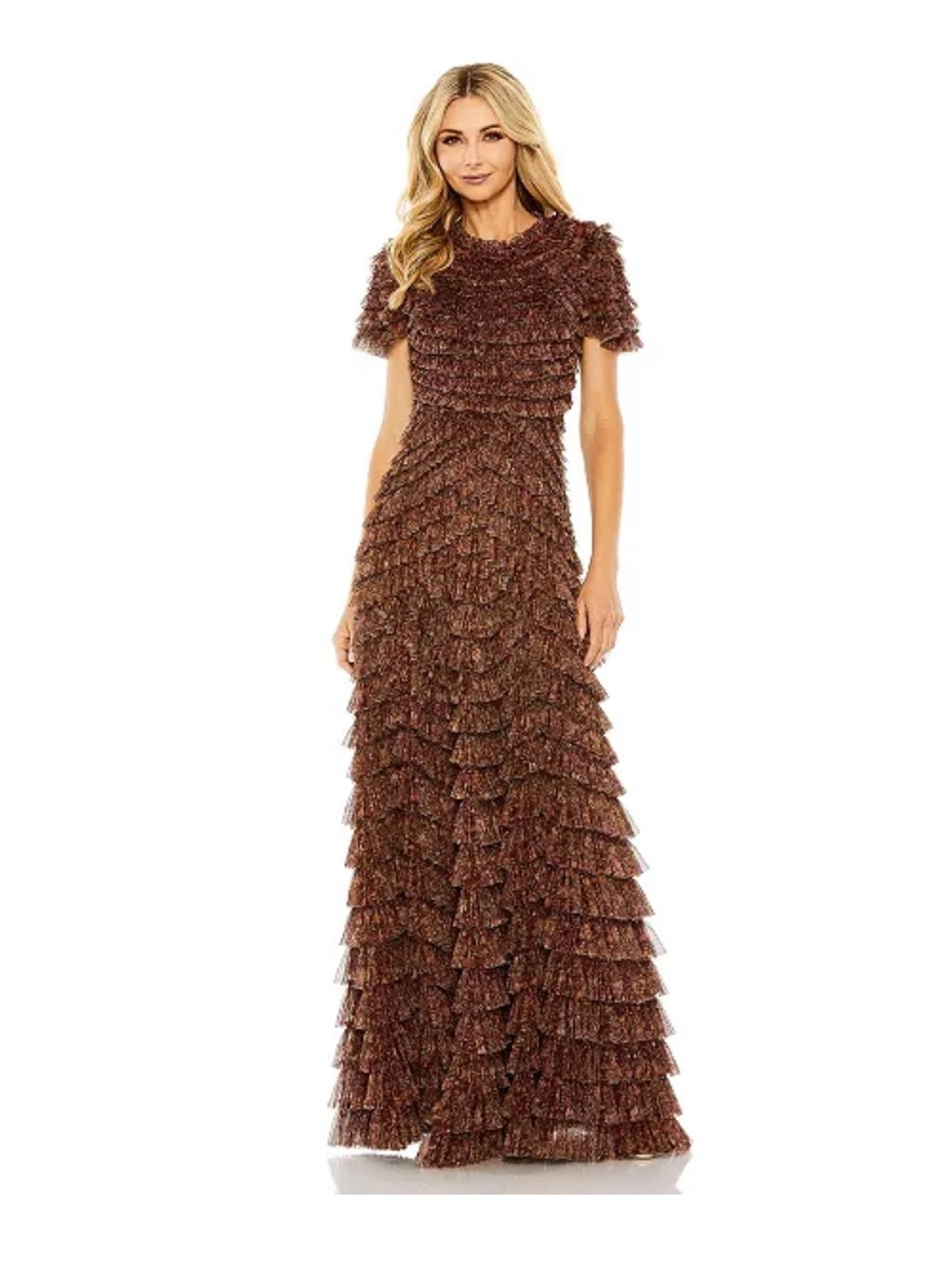Mac Duggal Brown Tiered Ruffle Maxi Dress